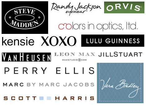 VeraBradley,XOXO,Kensie,Colorsinoptics,StevenMadden,Orvis,luluguiness,RandyJackson,MaxStudio,ScottHarris,JillStuart,MarcJacobs,PerryEllis,VanHuesen Logos
